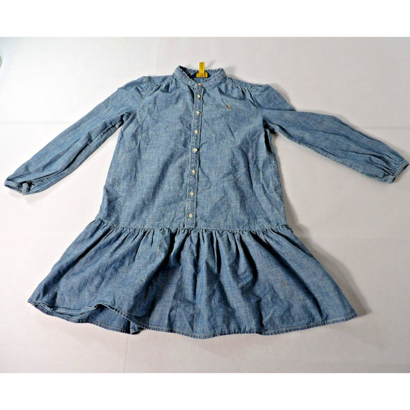 Polo Ralph Lauren Dress Girls Sz 12 Chambray Blue Drop Waist Cottage Core - Picture 2 of 15